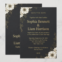 Elegante Zwarte en Gouden Bloemige Save the Date K