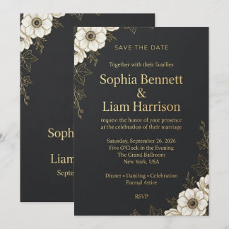 Elegante Zwarte en Gouden Bloemige Save the Date K