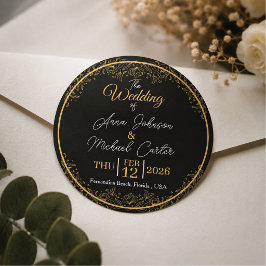 Elegante Zwarte en Gouden Bloemige Trouw Ronde Sticker