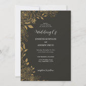 Elegante zwarte en gouden bloemige trouwuitnodigin kaart (Voorkant)