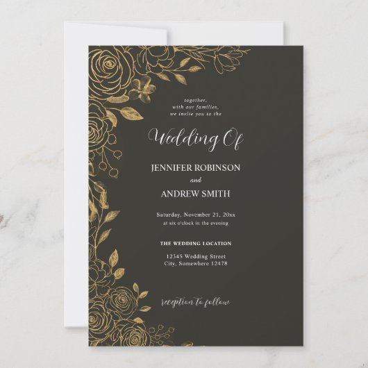 Elegante zwarte en gouden bloemige trouwuitnodigin kaart (Voorkant)