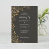 Elegante zwarte en gouden bloemige trouwuitnodigin kaart (Staand voorkant)