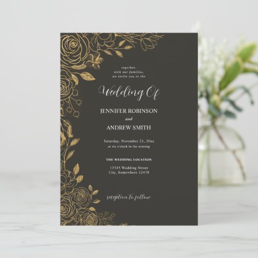 Elegante zwarte en gouden bloemige trouwuitnodigin kaart (Staand voorkant)