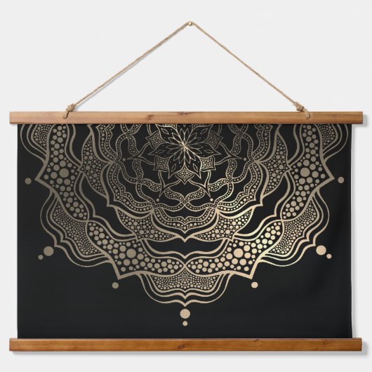 Elegante zwarte en gouden bloemrijke Mandala-yogas Hangend Wandkleed (Voorkant)