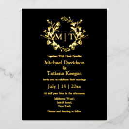 elegante zwarte en gouden botanische monogram trou folie uitnodiging briefkaart
