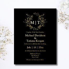 elegante zwarte en gouden botanische monogram trou folie uitnodiging briefkaart
