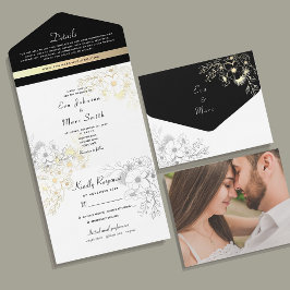 Elegante Zwarte en Gouden Bruiloft All In One Uitnodiging
