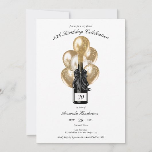 Elegante zwarte en gouden champagne verjaardag kaart (Voorkant)