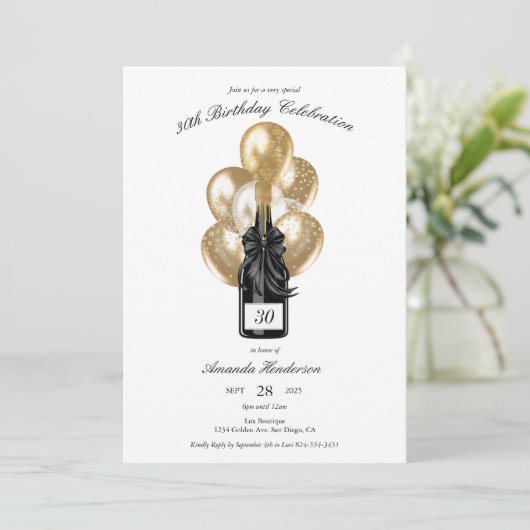 Elegante zwarte en gouden champagne verjaardag kaart (Staand voorkant)