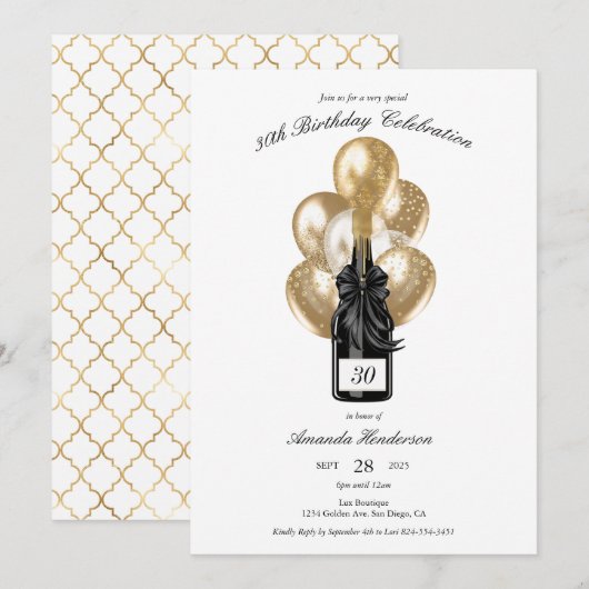 Elegante zwarte en gouden champagne verjaardag kaart (Voorkant / Achterkant)