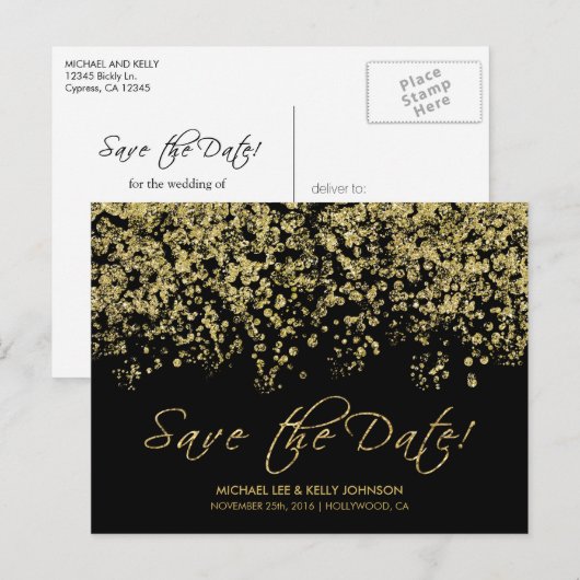 Elegante zwarte en gouden Confetti - Save the Date Aankondigingskaart (Voorkant / Achterkant)
