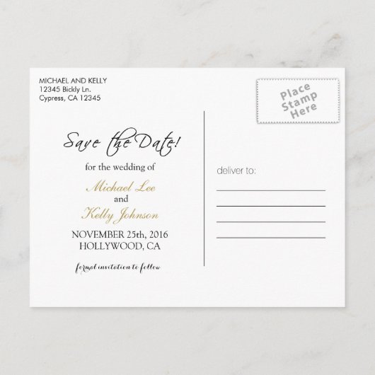 Elegante zwarte en gouden Confetti - Save the Date Aankondigingskaart (Achterkant)