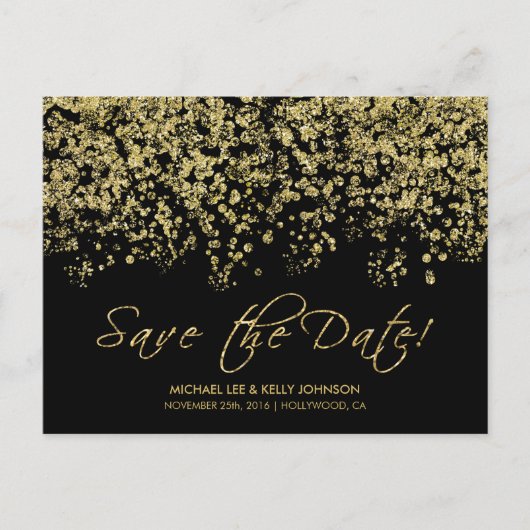 Elegante zwarte en gouden Confetti - Save the Date Aankondigingskaart (Voorkant)