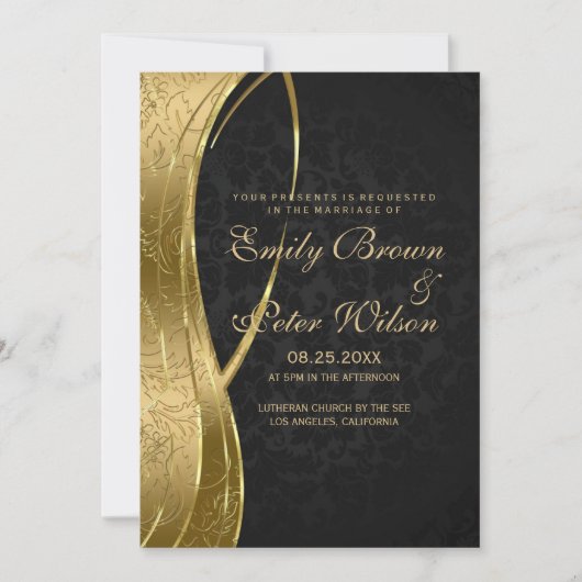 Elegante zwarte en gouden damast bruiloft kaart (Voorkant)