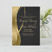 Elegante zwarte en gouden damast bruiloft kaart (Staand voorkant)