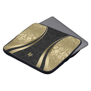 Elegante zwarte en gouden damast dynamische streep laptop sleeve
