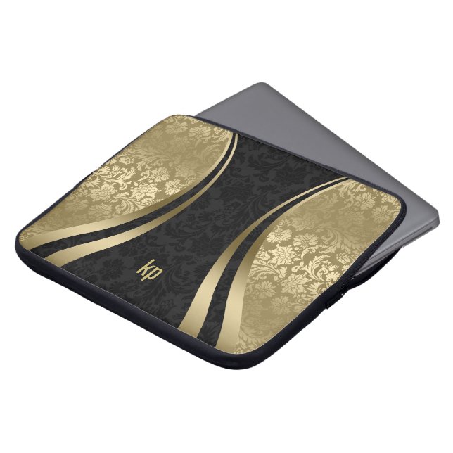 Elegante zwarte en gouden damast dynamische streep laptop sleeve (Voorkant top)