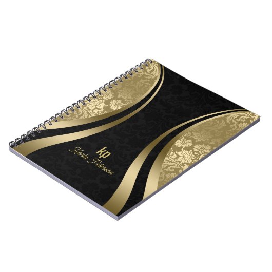 Elegante zwarte en gouden damast dynamische streep notitieboek (Linkerzijde)