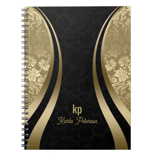 Elegante zwarte en gouden damast dynamische streep notitieboek (Voorkant)