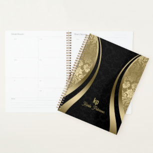Elegante zwarte en gouden damast dynamische streep planner
