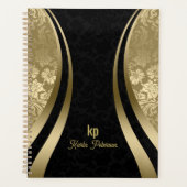 Elegante zwarte en gouden damast dynamische streep planner (Voorkant)