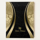 Elegante zwarte en gouden damast dynamische streep planner (Achterkant)