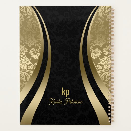 Elegante zwarte en gouden damast dynamische streep planner (Achterkant)