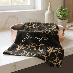 Elegante zwarte en gouden damast keukendoek voor r theedoek