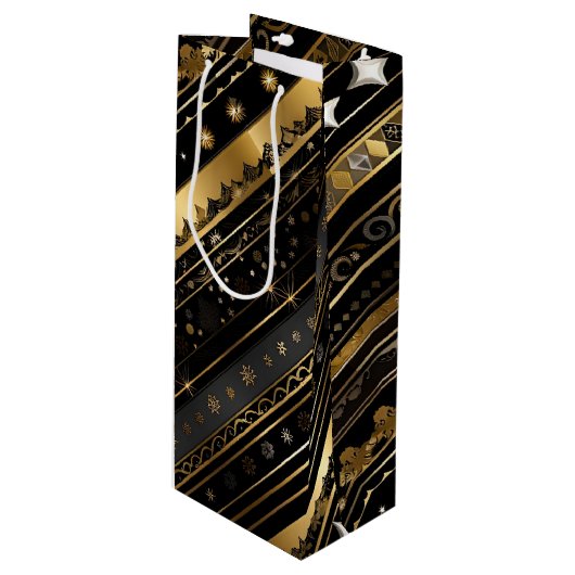 Elegante zwarte en gouden diagonale strepen wijn cadeautas (Voorkant Gekanteld)