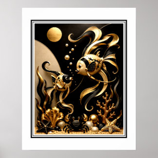 Elegante zwarte en gouden fantasie goudvis oceaan poster