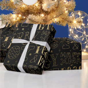 Elegante zwarte en gouden folie kerst woordkunst cadeaupapier