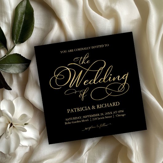 Elegante Zwarte en Gouden Folie Script Bruiloft Kaart