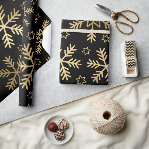 Elegante zwarte en gouden folie sneeuwvlokken Kers Cadeaupapier