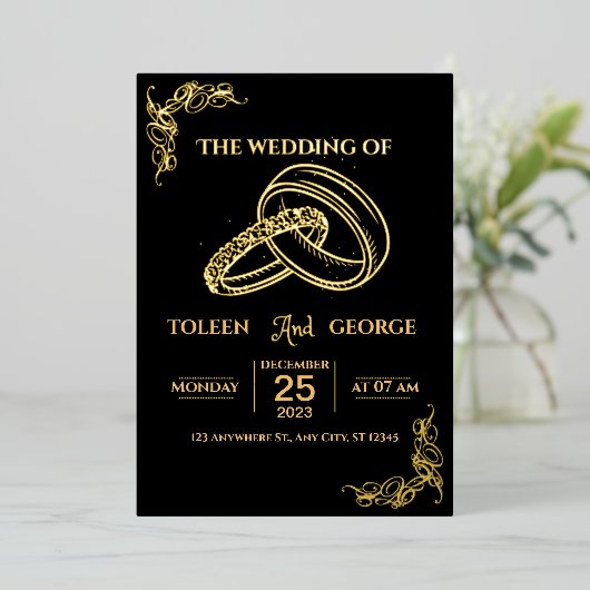 Elegante zwarte en gouden folie trouwuitnodiging folie uitnodiging (Staand Voorkant)