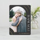 Elegante Zwarte en Gouden Foto Bruiloft Bedankkaart (Staand voorkant)