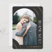 Elegante Zwarte en Gouden Foto Bruiloft Bedankkaart (Voorkant)