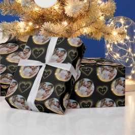 Elegante zwarte en gouden foto van stel met initia cadeaupapier