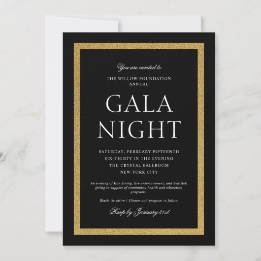Elegante Zwarte en Gouden Galavond Kaart (Voorkant)