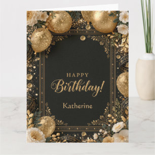 Elegante Zwarte en Gouden Gelukkige Verjaardag met Kaart
