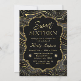 Elegante Zwarte en Gouden Geode Strata Sweet 16 Kaart