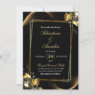 Elegante zwarte en gouden geometrische trouwuitnod kaart