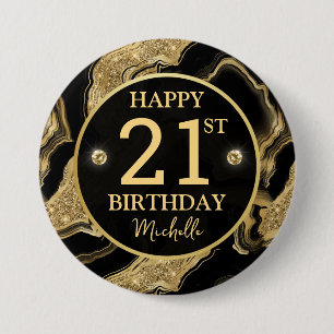 Elegante zwarte en gouden glinsterende agaat verja ronde button 7,6 cm