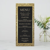 Elegante Zwarte en Gouden Glitter Bruiloft Menu (Staand voorkant)