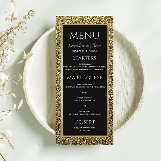 Elegante Zwarte en Gouden Glitter Bruiloft Menu