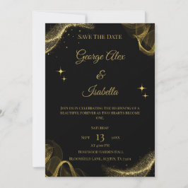 Elegante Zwarte en Gouden Glitter Uitnodigingskaar Save The Date