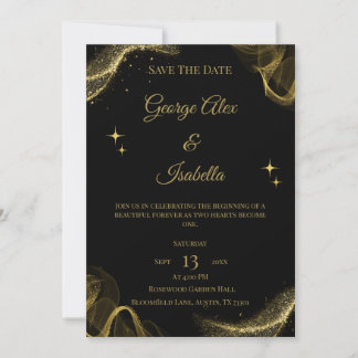 Elegante Zwarte en Gouden Glitter Uitnodigingskaar Save The Date