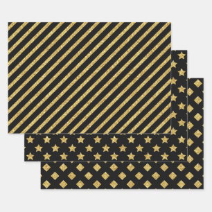 Elegante Zwarte en Gouden Glitterpatronen Inpakpapier Vel