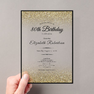 Elegante zwarte en gouden glitters 80ste verjaarda acryl uitnodigingen