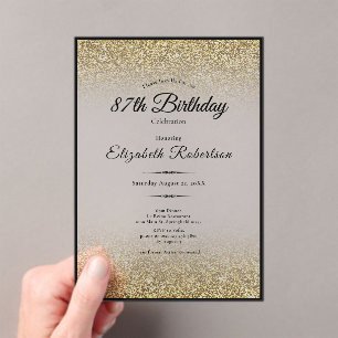 Elegante zwarte en gouden glitters 87e verjaardag acryl uitnodigingen