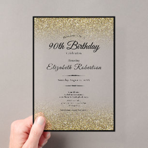 Elegante zwarte en gouden glitters 90ste verjaarda acryl uitnodigingen